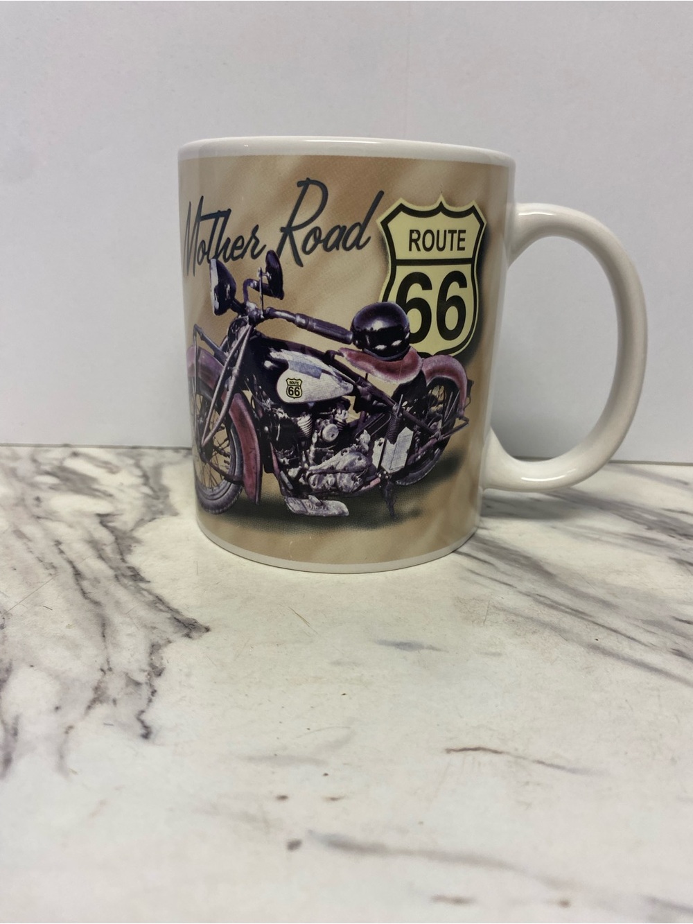 Route 66 Vintage Motorcycle Coffee Mug - Beige Purple Design